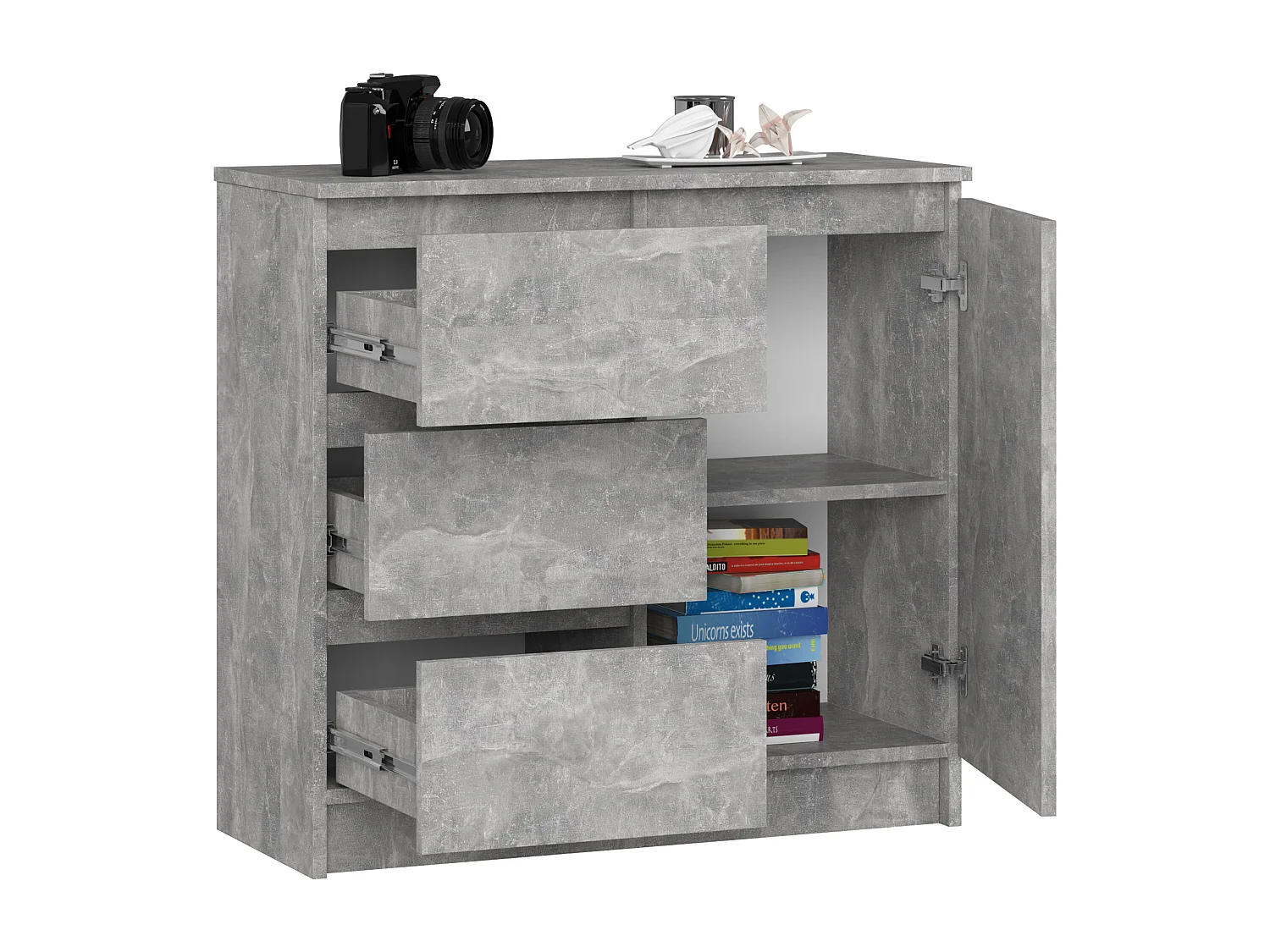 Commode AKORD JERRY Béton 80 cm 1 porte 3 tiroirs façade Béton 2 étagères 80x35x77 cm