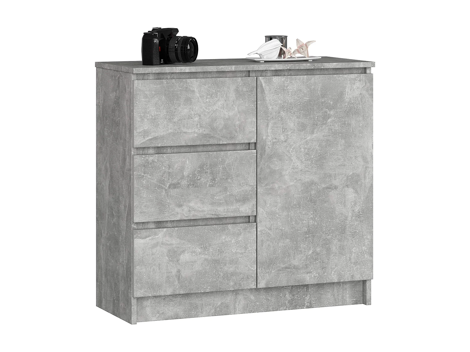 Commode AKORD JERRY Béton 80 cm 1 porte 3 tiroirs façade Béton 2 étagères 80x35x77 cm