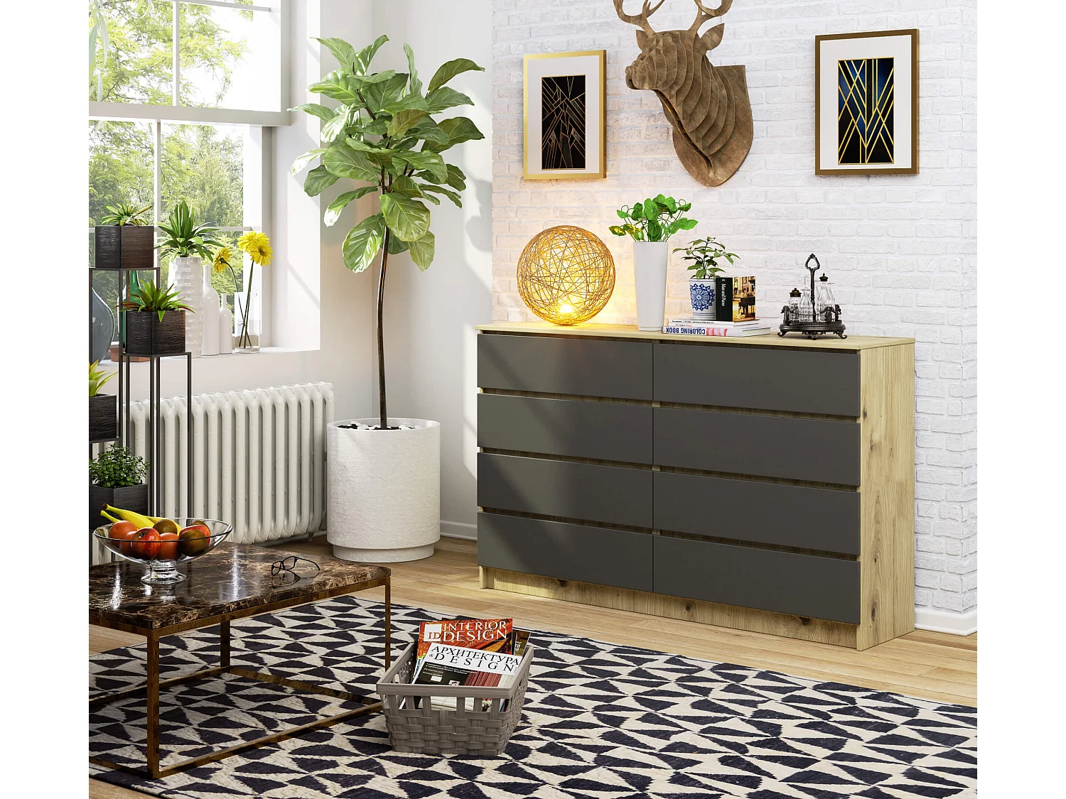 Grande Commode pour le salon AKORD K160 Chêne Artisan 160 cm 8 tiroirs façade Gris Graphite 160x40x99 cm