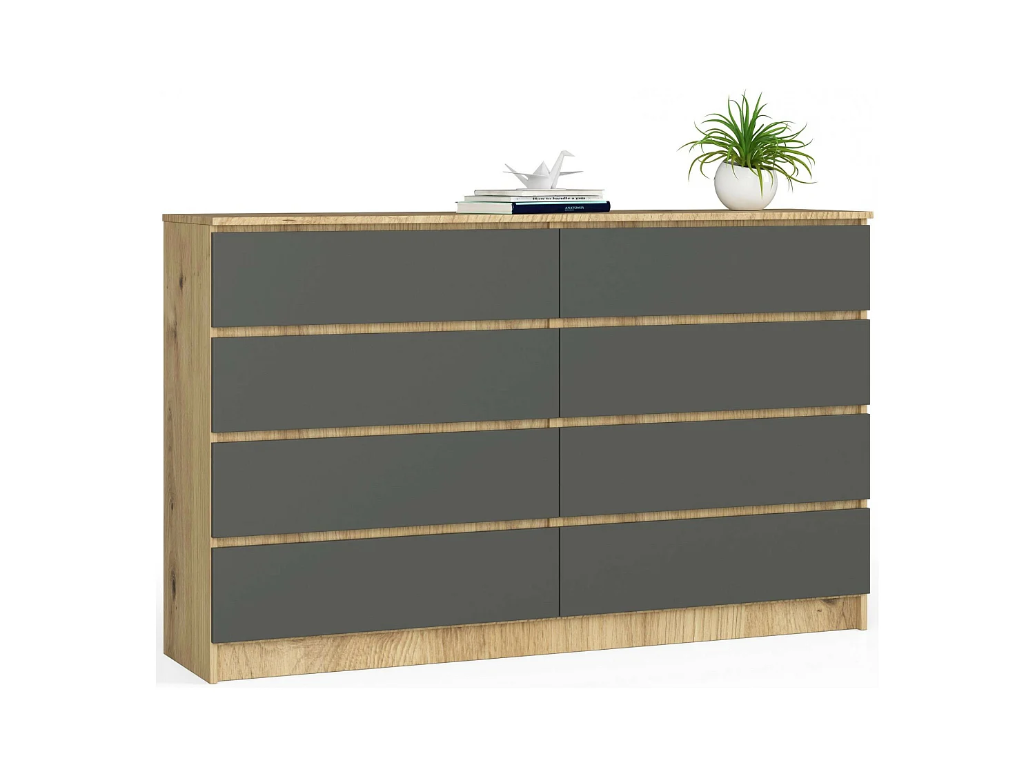 Grande Commode pour le salon AKORD K160 Chêne Artisan 160 cm 8 tiroirs façade Gris Graphite 160x40x99 cm