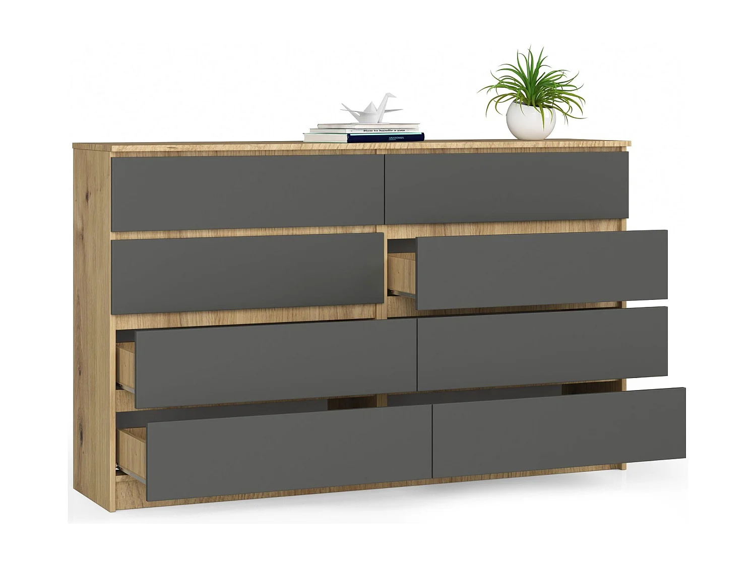 Grande Commode pour le salon AKORD K160 Chêne Artisan 160 cm 8 tiroirs façade Gris Graphite 160x40x99 cm
