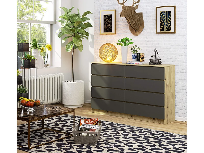 Grande Commode pour le salon AKORD K160 Chêne Artisan 160 cm 8 tiroirs façade Gris Graphite 160x40x99 cm
