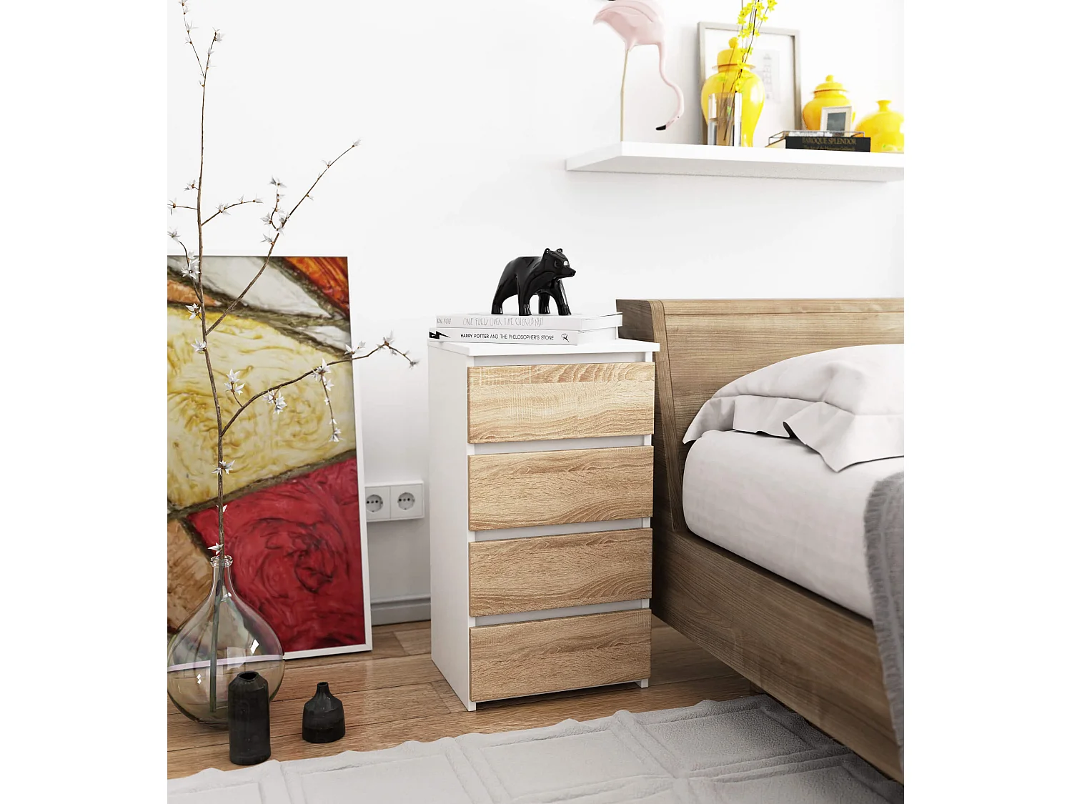 Commode AKORD CL4 Blanche 40 cm 4 tiroirs façade Chêne Sonoma 40x35x74 cm