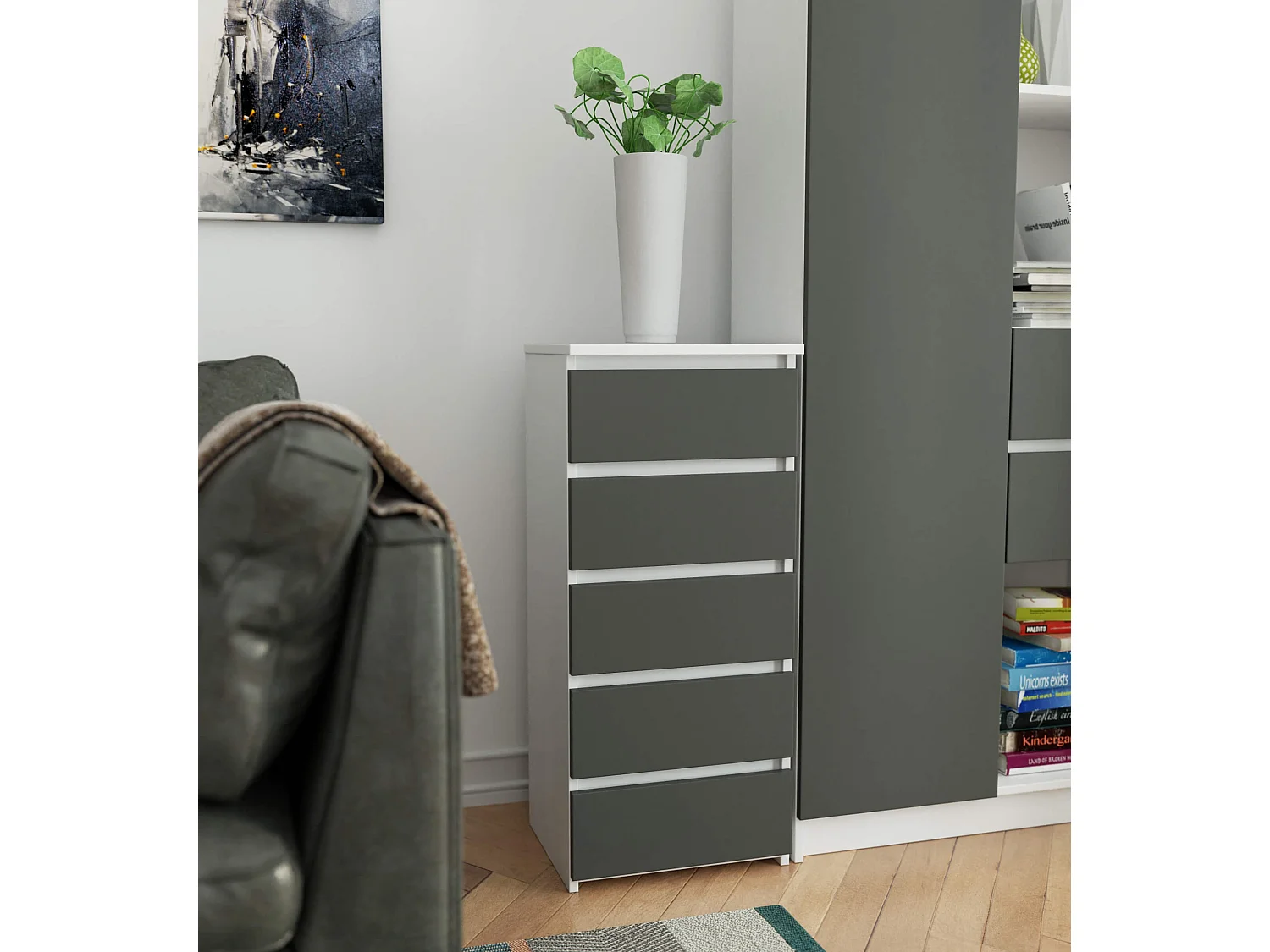 Kommode AKORD CL5 Weiß 40 cm 5 Schubladen Front Graphitgrau B40 x H92 x T35 cm