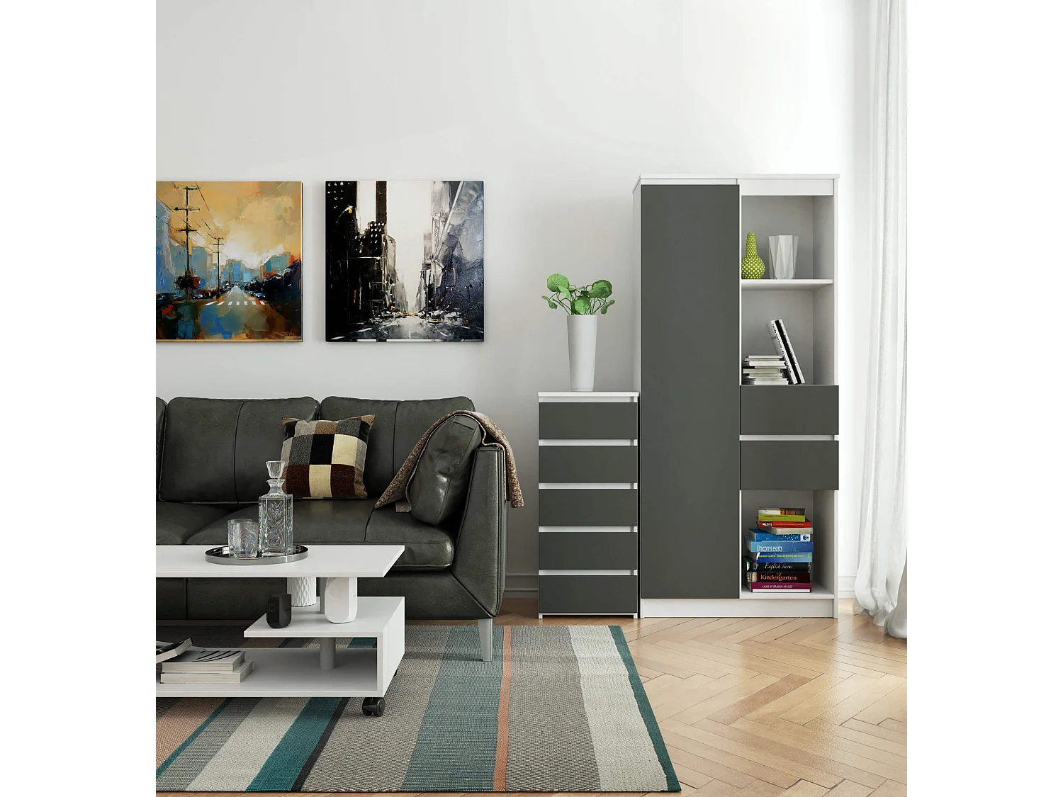 Commode AKORD CL5 Blanche 40 cm 5 tiroirs façade Gris Graphite 40x35x92 cm