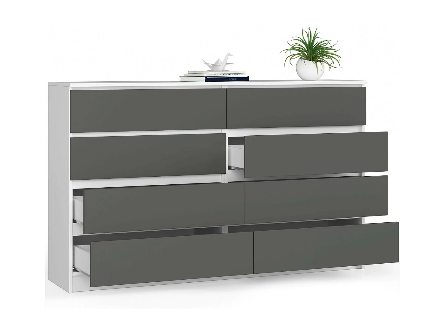 Grande Commode pour le salon AKORD K160 Blanche 160 cm 8 tiroirs façade Gris Graphite 160x40x99 cm