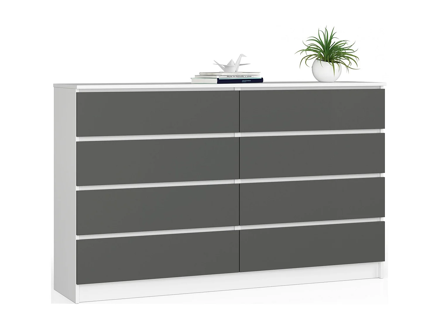 Grande Commode pour le salon AKORD K160 Blanche 160 cm 8 tiroirs façade Gris Graphite 160x40x99 cm
