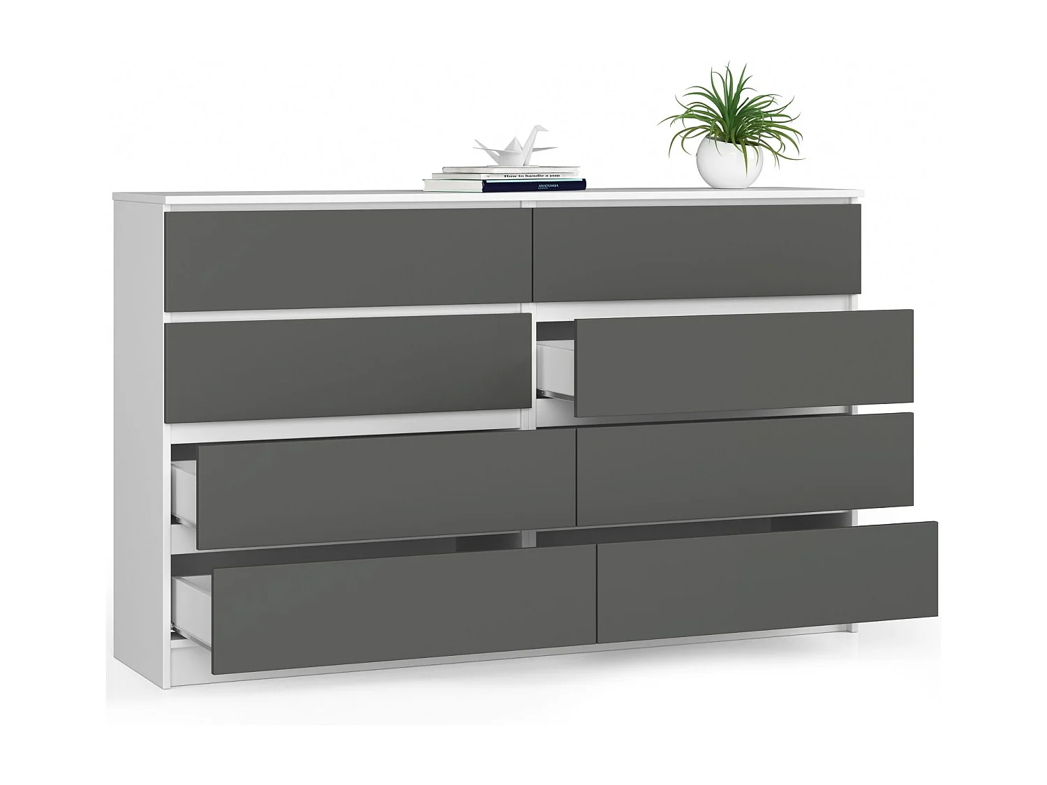 Grande Commode pour le salon AKORD K160 Blanche 160 cm 8 tiroirs façade Gris Graphite 160x40x99 cm