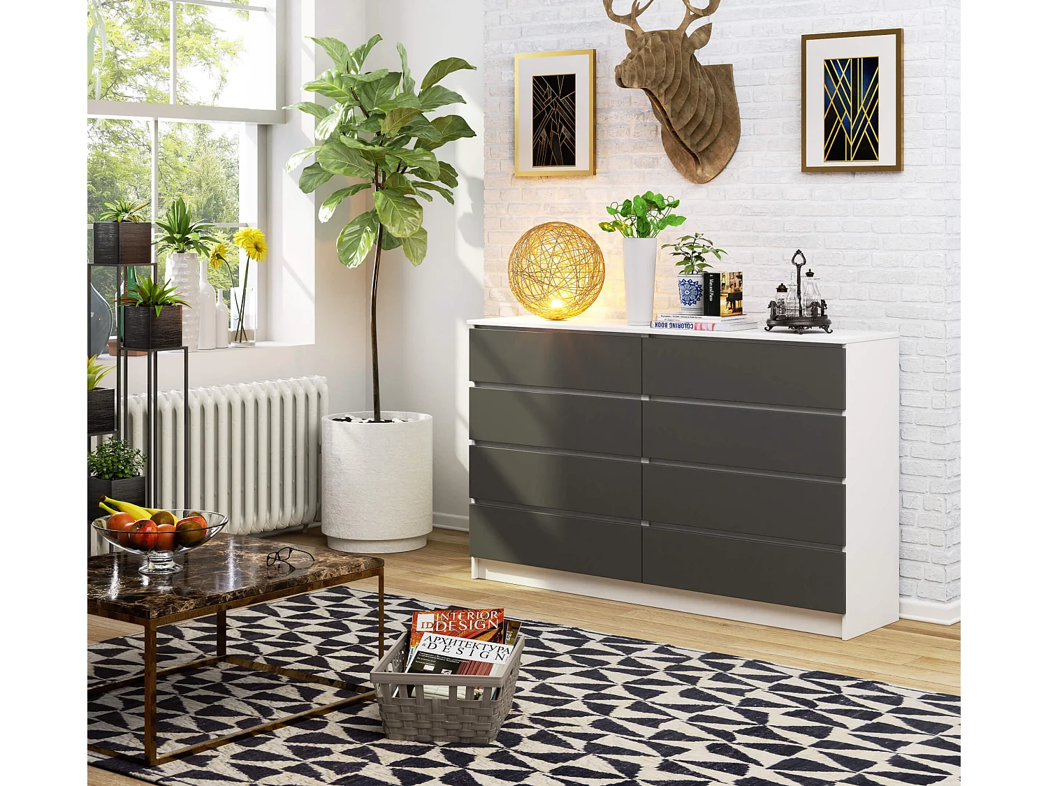 Grande Commode pour le salon AKORD K160 Blanche 160 cm 8 tiroirs façade Gris Graphite 160x40x99 cm