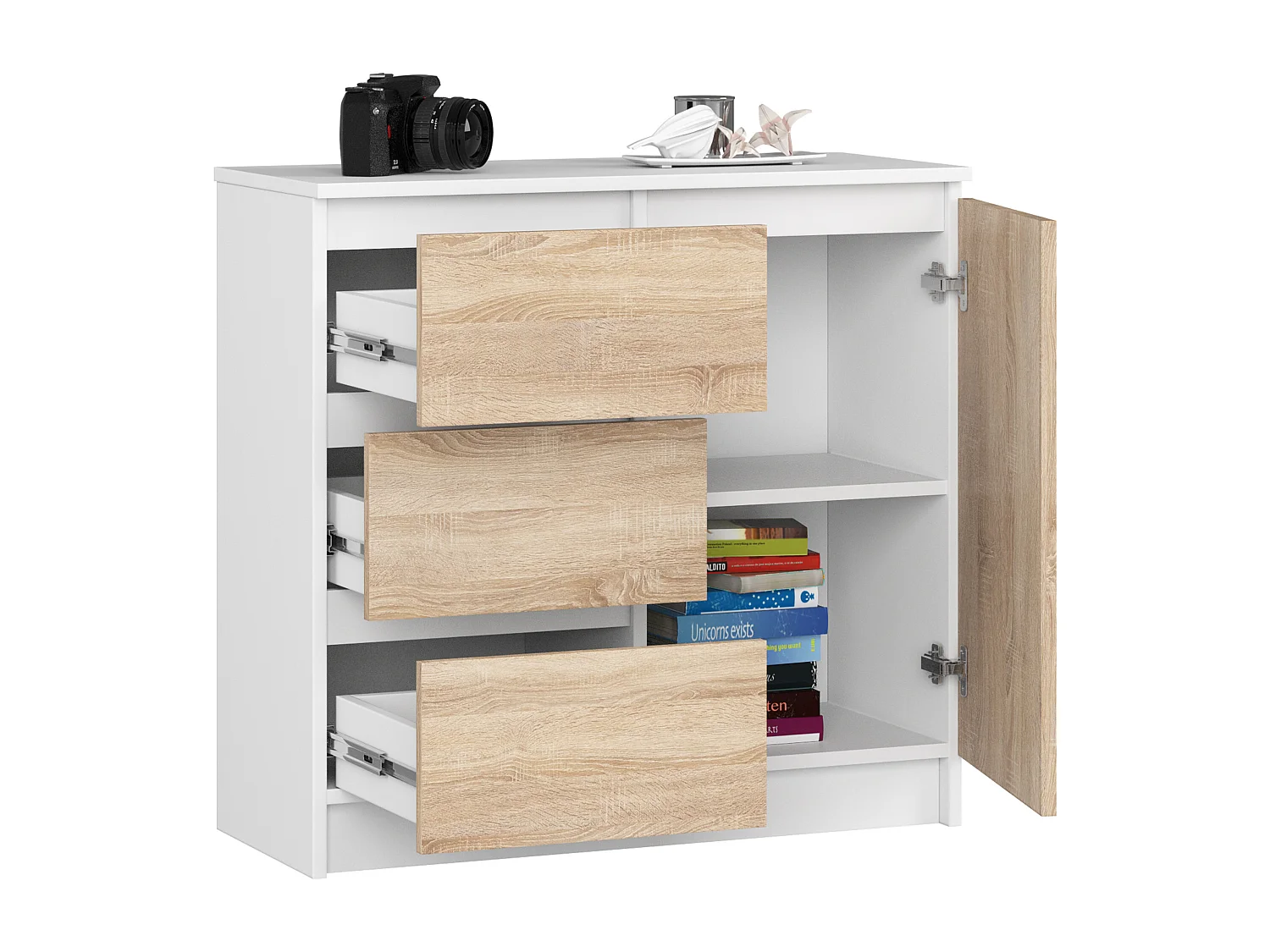 Cassettiera AKORD JERRY Cassettiera Bianca 80 cm 1 anta 3 cassetti inserto frontale Sonoma Quercia 80x35x77 cm