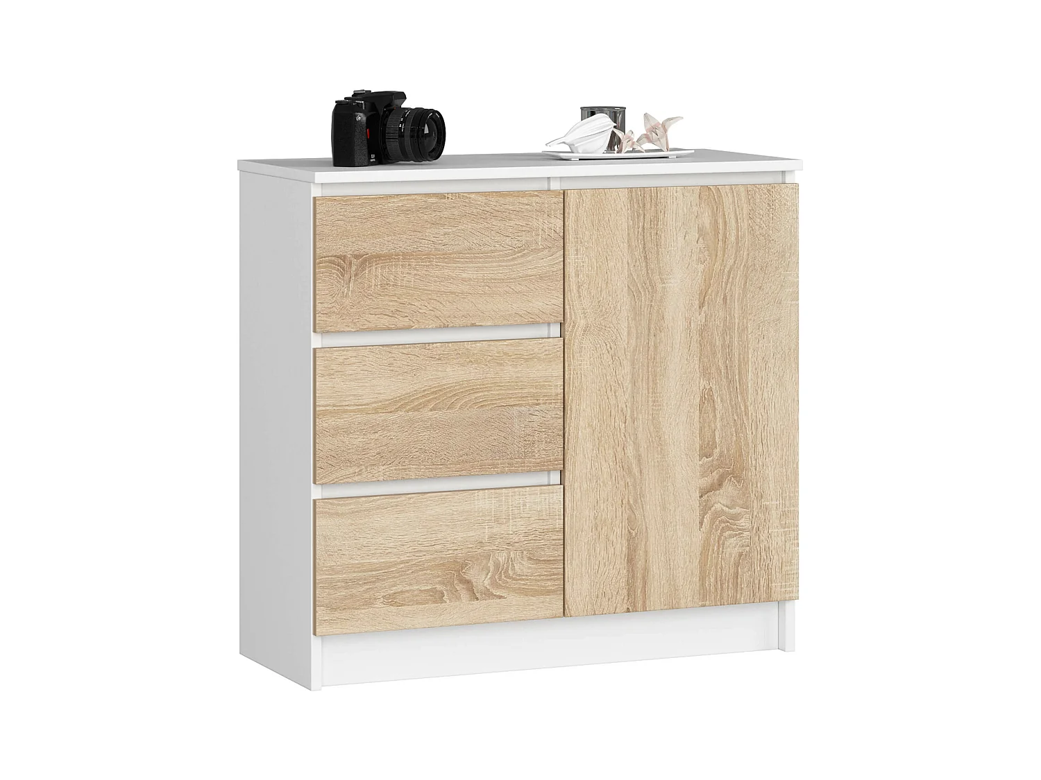 Commode AKORD JERRY Blanche 80 cm 1 porte 3 tiroirs façade Chêne Sonoma 2 étagères 80x35x77 cm