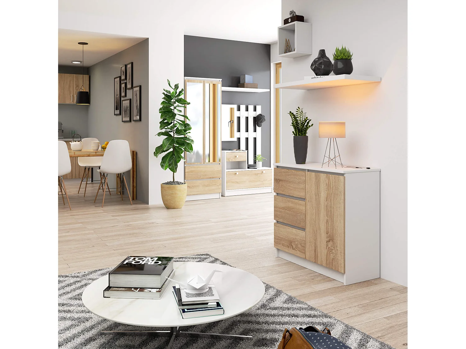 Commode AKORD JERRY Blanche 80 cm 1 porte 3 tiroirs façade Chêne Sonoma 2 étagères 80x35x77 cm