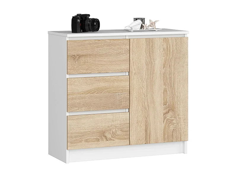 Kommode AKORD JERRY Weiß 80 cm Tür 3 Schubladen 2 Ebenen Front Sonoma-Eiche B80 x H77 x T35 cm