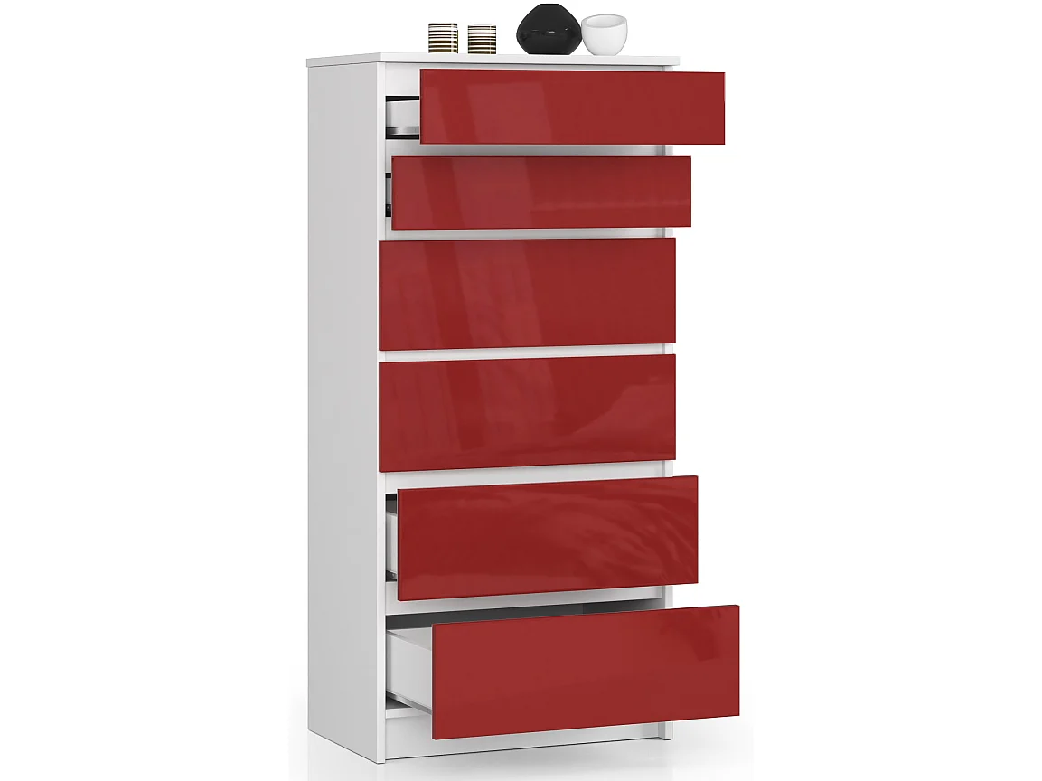Commode AKORD K60 Blanche 60 cm 6 tiroirs façade Rouge Brillante 60x40x130 cm
