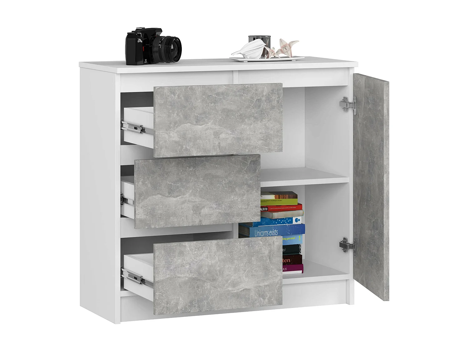 Kommode AKORD JERRY Weiß 80 cm Tür 3 Schubladen 2 Ebenen Front Beton B80 x H77 x T35 cm