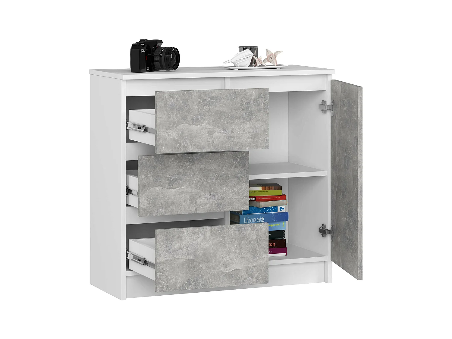 Commode AKORD JERRY Blanche 80 cm 1 porte 3 tiroirs façade Béton 2 étagères 80x35x77 cm