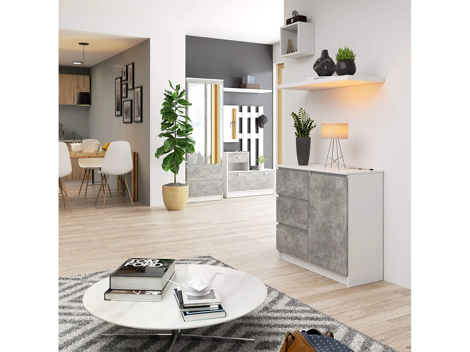 Commode AKORD JERRY Blanche 80 cm 1 porte 3 tiroirs façade Béton 2 étagères 80x35x77 cm