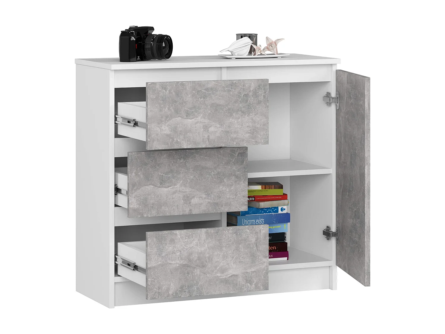 Komoda AKORD JERRY Biała 80 cm 1 drzwi 3 szuflady kolor Beton mat 2 półki 80x35x77 cm