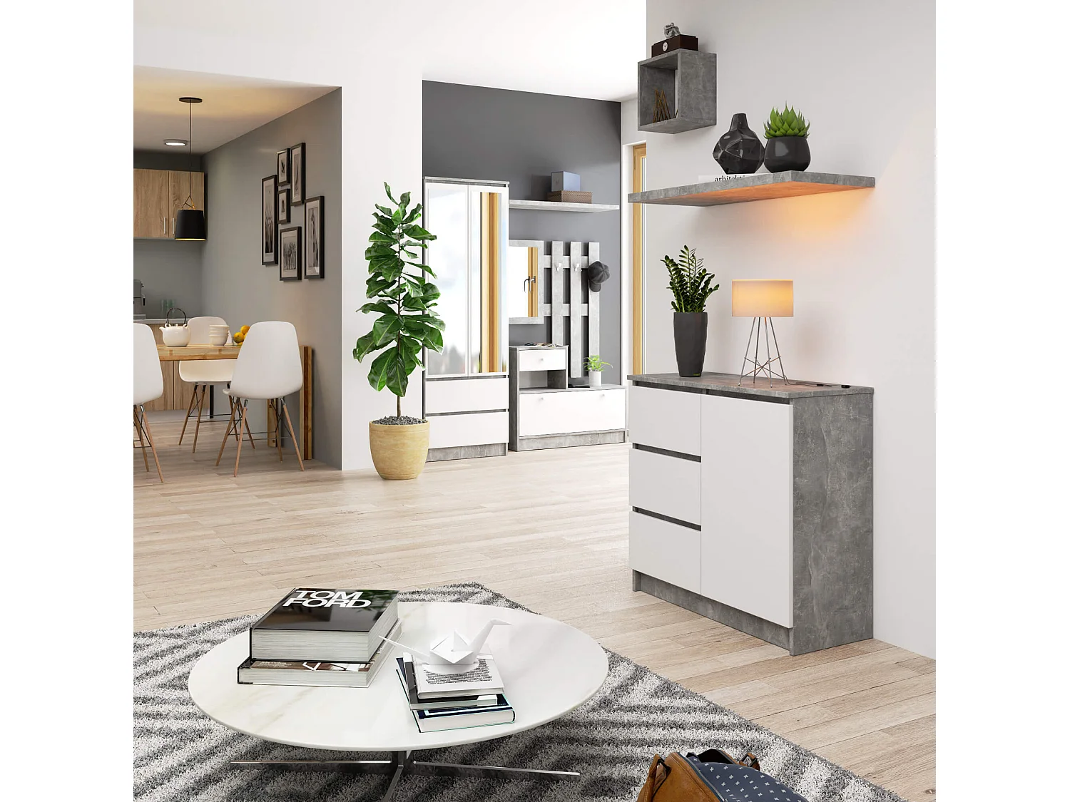 Kommode AKORD JERRY Beton 80 cm Tür 3 Schubladen 2 Ebenen Front Weiß B80 x H77 x T35 cm