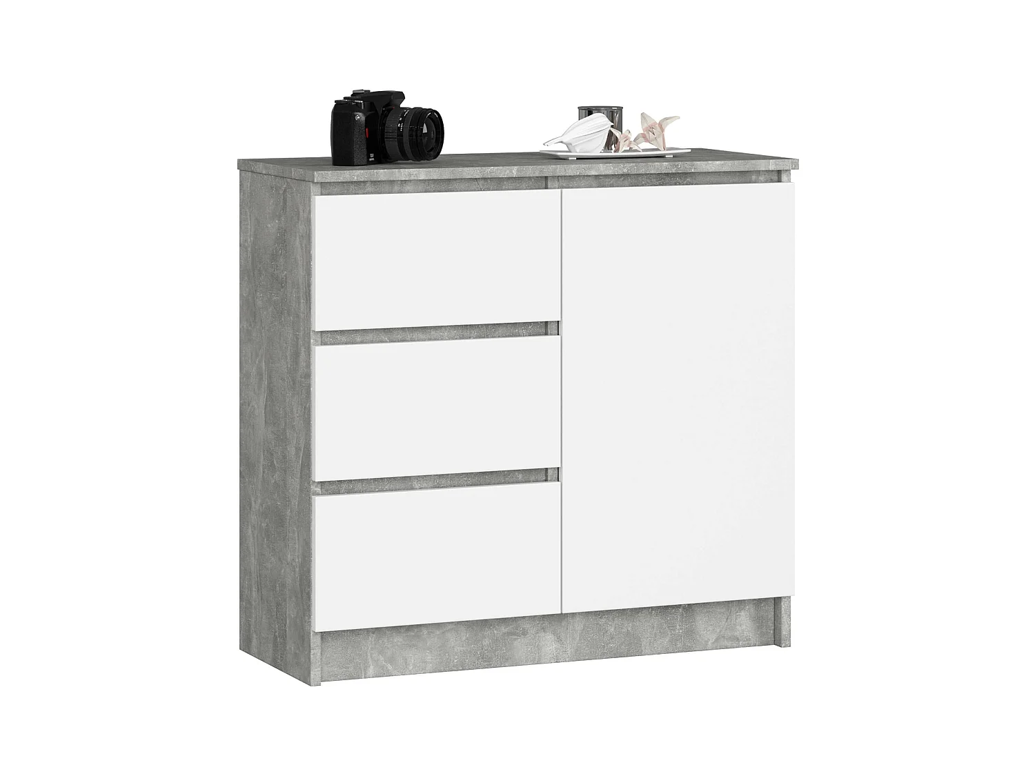 Commode AKORD JERRY Béton 80 cm 1 porte 3 tiroirs façade Blanche 2 étagères 80x35x77 cm