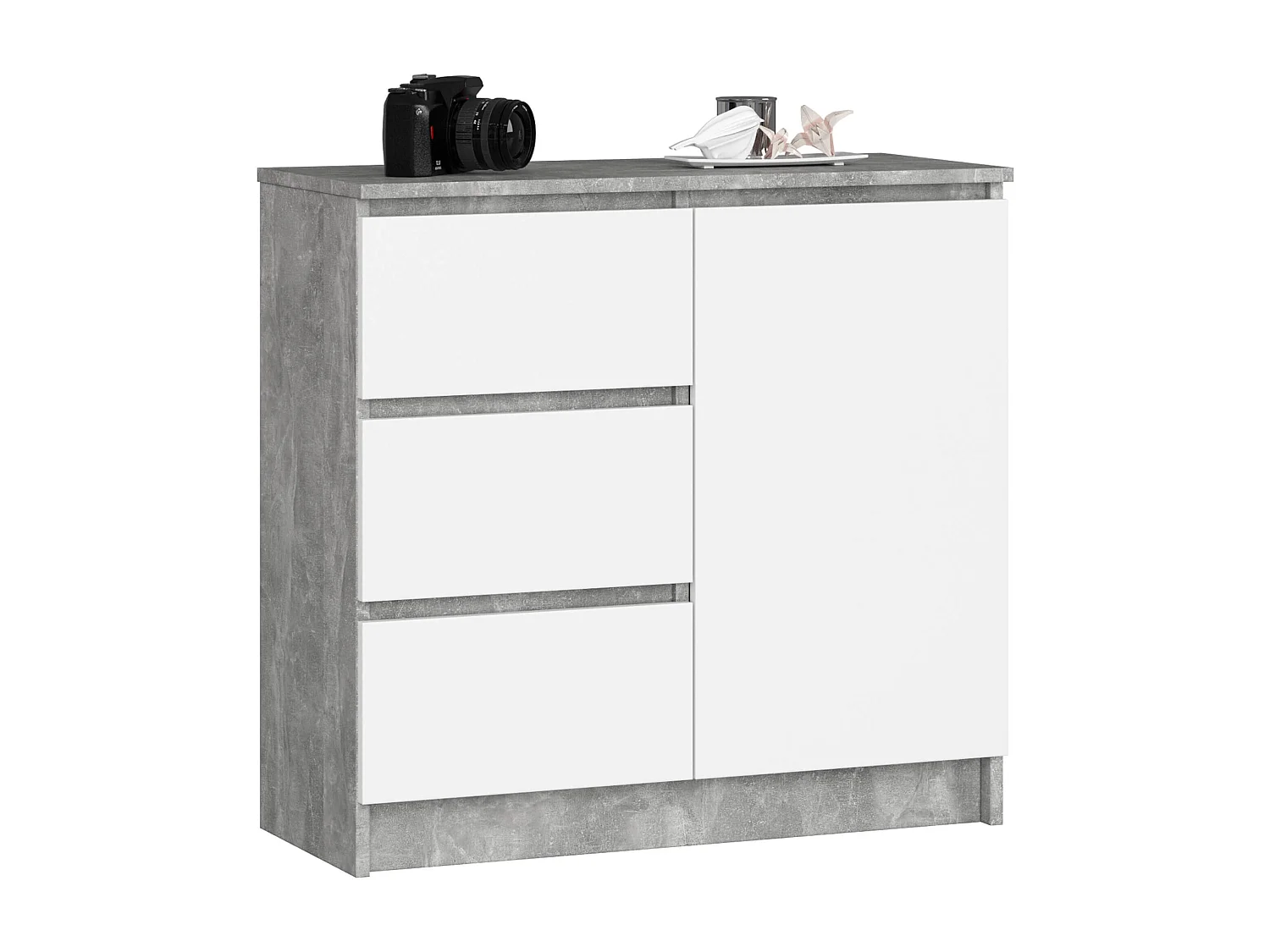 Commode AKORD JERRY Béton 80 cm 1 porte 3 tiroirs façade Blanche 2 étagères 80x35x77 cm