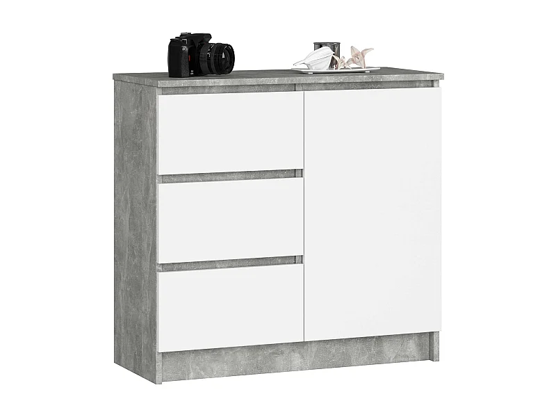 Commode AKORD JERRY Béton 80 cm 1 porte 3 tiroirs façade Blanche 2 étagères 80x35x77 cm