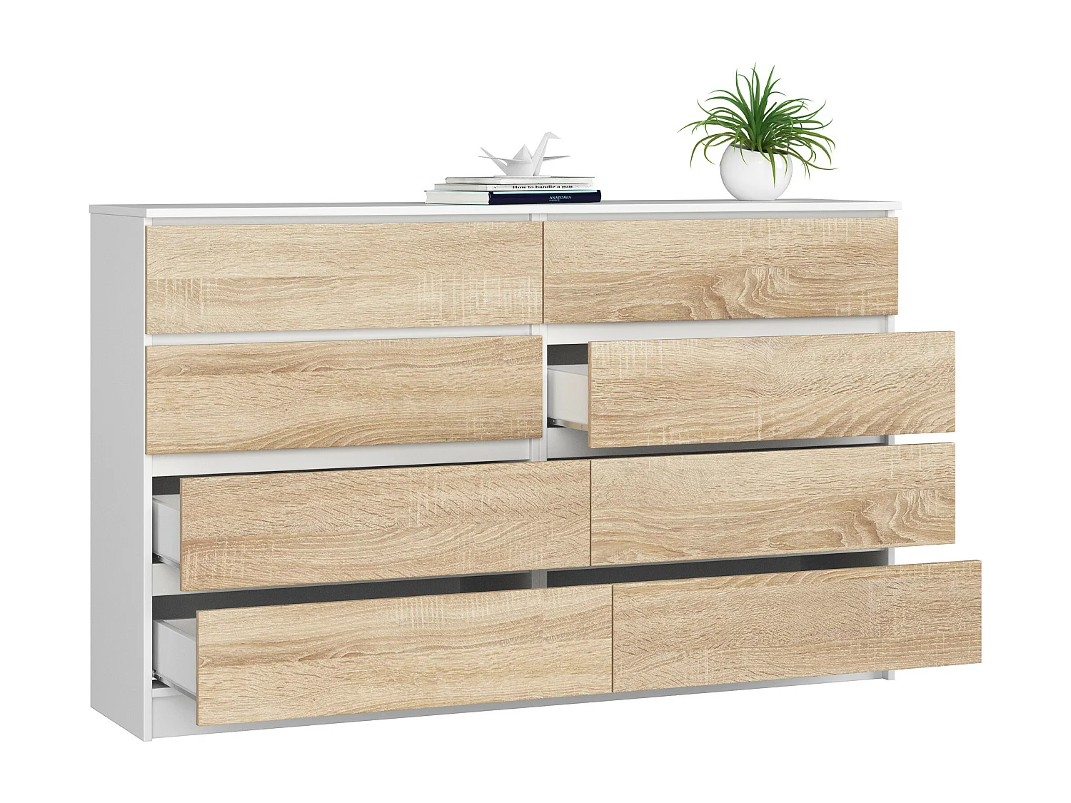 Grande Commode pour le salon AKORD K160 Blanche 160 cm 8 tiroirs façade Chêne Sonoma 160x40x99 cm