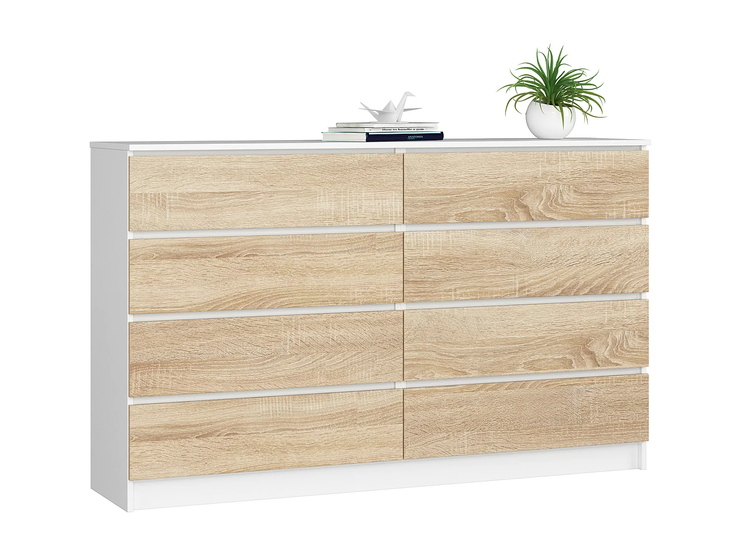 Grande Commode pour le salon AKORD K160 Blanche 160 cm 8 tiroirs façade Chêne Sonoma 160x40x99 cm