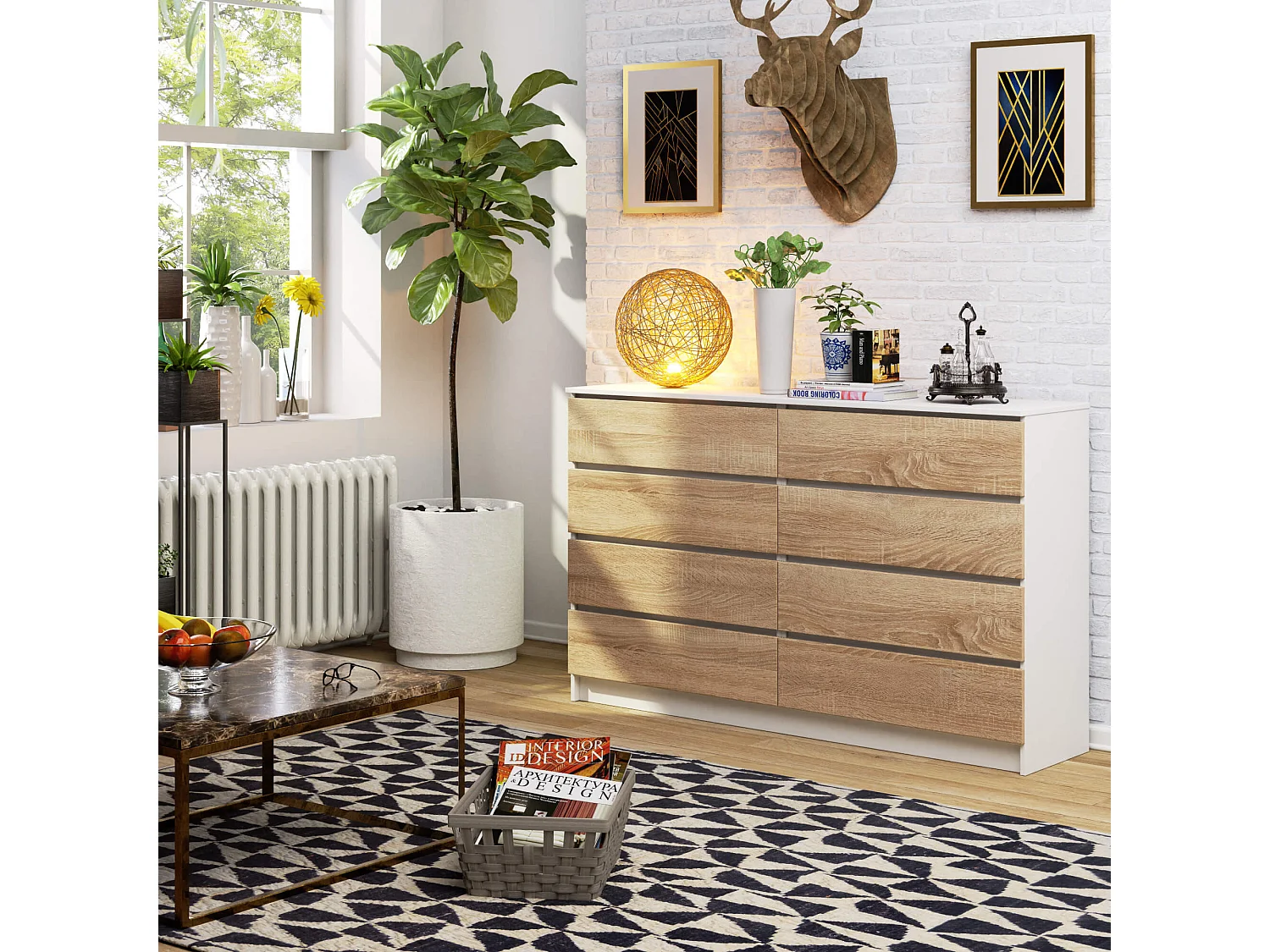 Grande Commode pour le salon AKORD K160 Blanche 160 cm 8 tiroirs façade Chêne Sonoma 160x40x99 cm