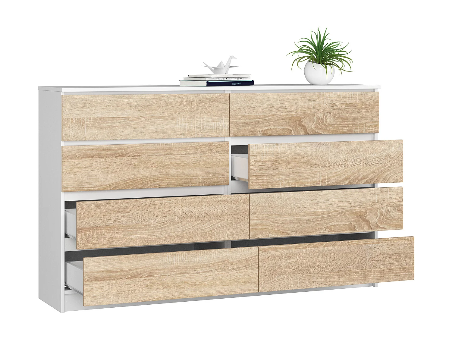Grande Commode pour le salon AKORD K160 Blanche 160 cm 8 tiroirs façade Chêne Sonoma 160x40x99 cm