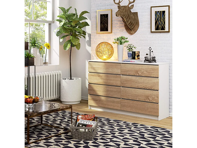 Grande Commode pour le salon AKORD K160 Blanche 160 cm 8 tiroirs façade Chêne Sonoma 160x40x99 cm