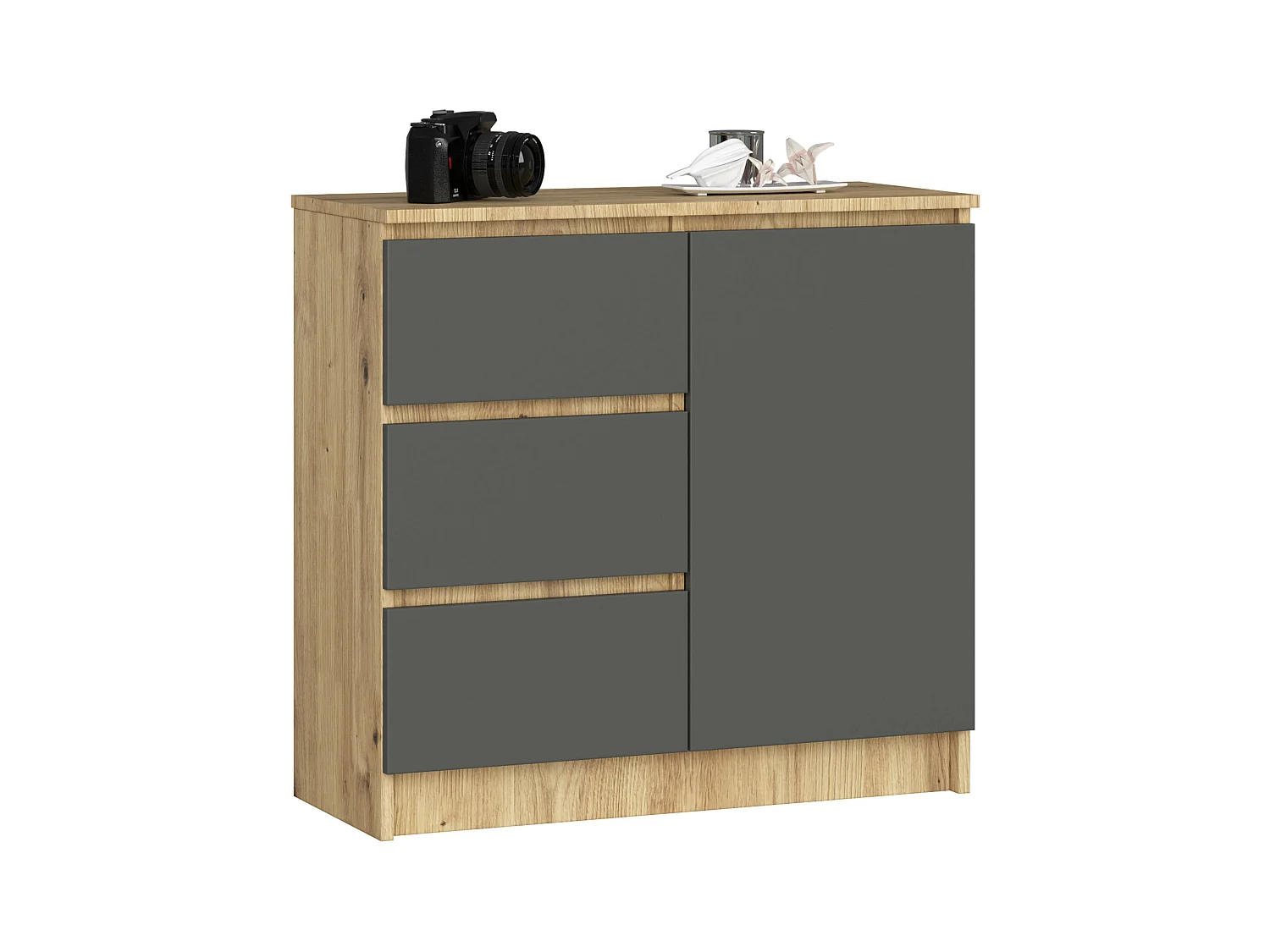 Cómoda AKORD JERRY Grafito Gris 80 cm 1 puerta 3 cajones frente en color Gris Hormigón 2 estantes 80x35x77 cm