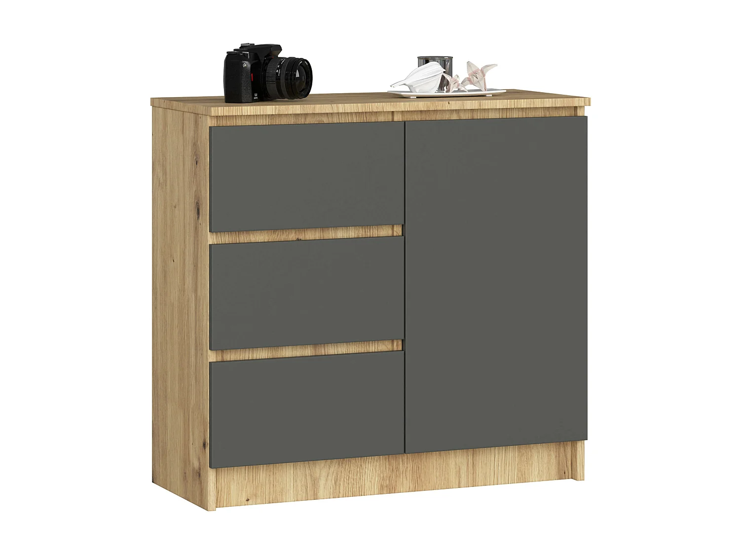Commode AKORD JERRY Chêne Artisan 80 cm 1 porte 3 tiroirs façade Gris Graphite 2 étagères 80x35x77 cm