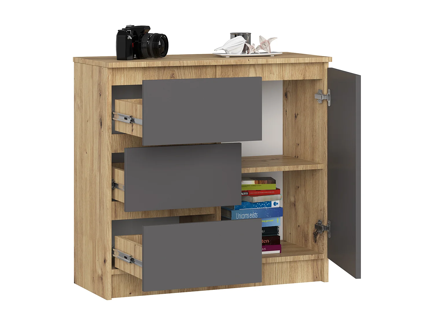 Commode AKORD JERRY Chêne Artisan 80 cm 1 porte 3 tiroirs façade Gris Graphite 2 étagères 80x35x77 cm