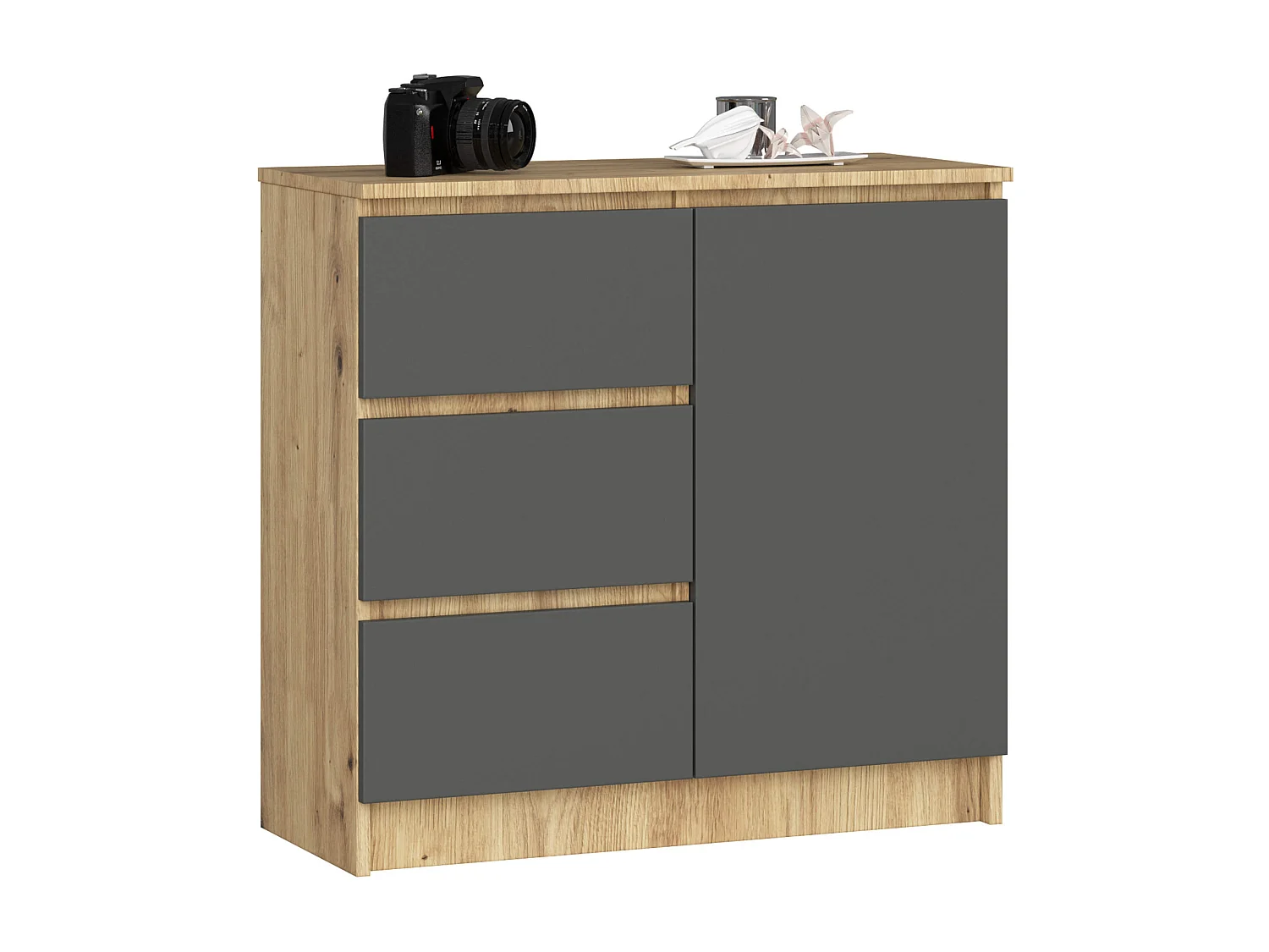 Commode AKORD JERRY Chêne Artisan 80 cm 1 porte 3 tiroirs façade Gris Graphite 2 étagères 80x35x77 cm