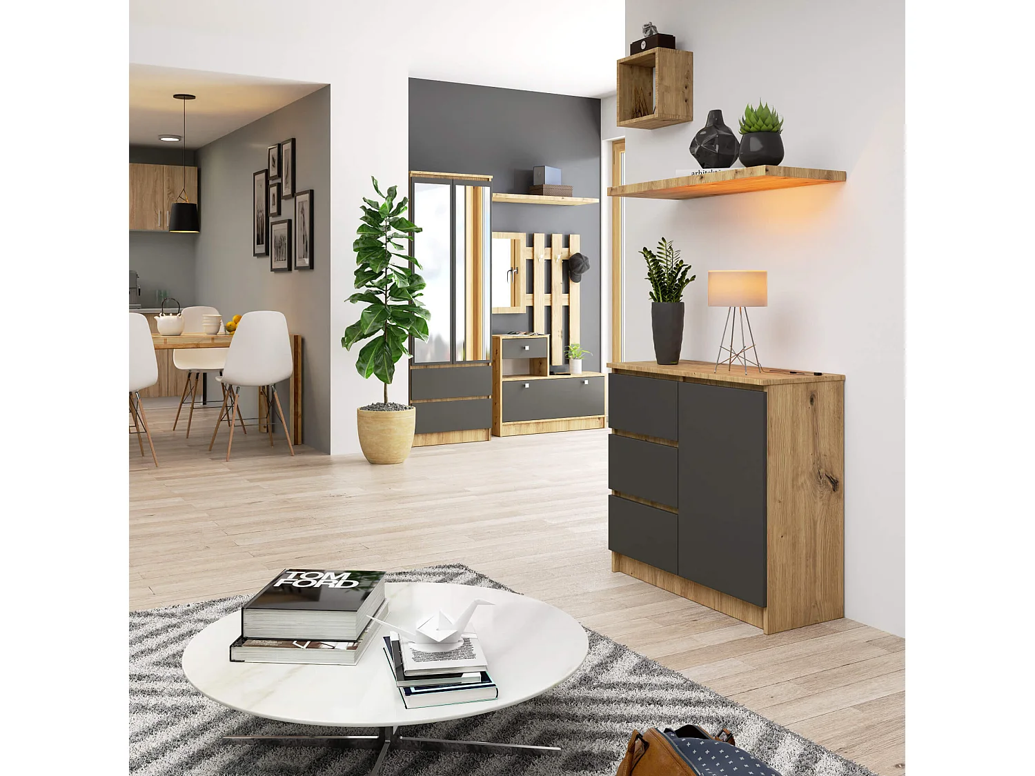 Commode AKORD JERRY Chêne Artisan 80 cm 1 porte 3 tiroirs façade Gris Graphite 2 étagères 80x35x77 cm