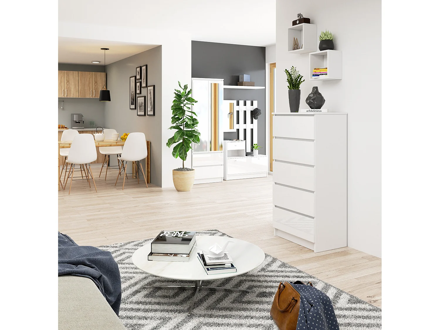 Commode AKORD K60 Blanche 60 cm 5 tiroirs façade Blanche Brillante 60x40x121 cm