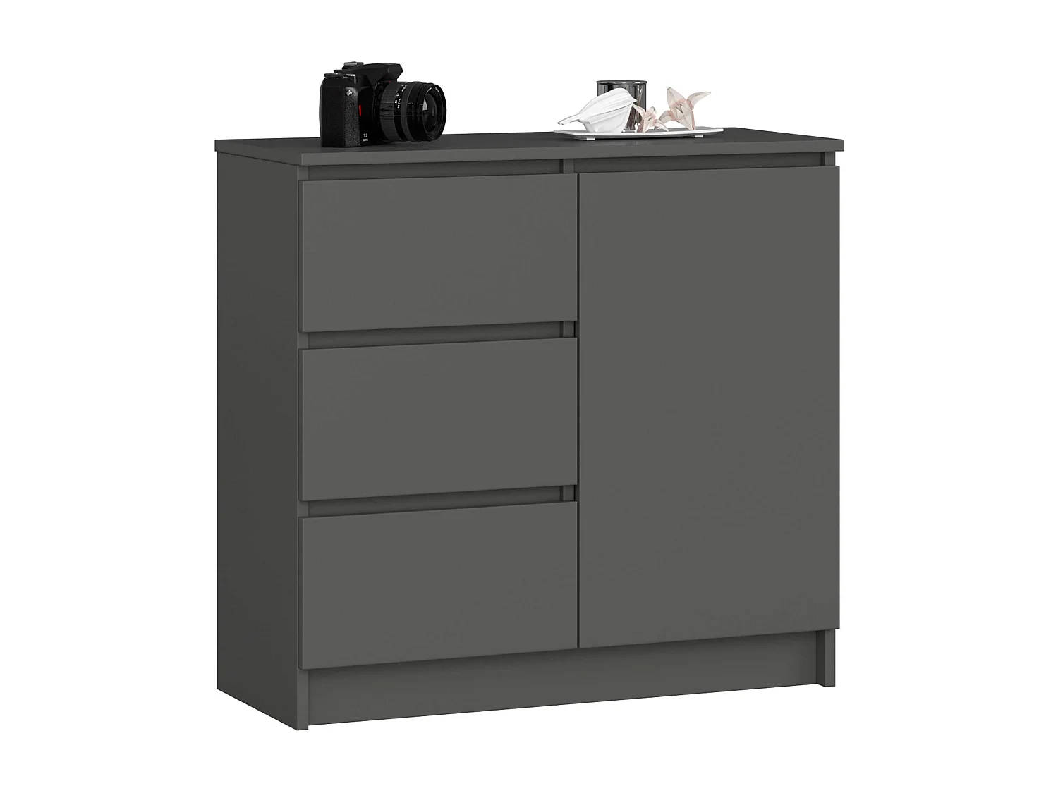 Grijze Grafiet Dressoir JERRY - 80cm Breed - 3 Lades & 1 Deur - Moderne Ontwerp voor Zelfmontage