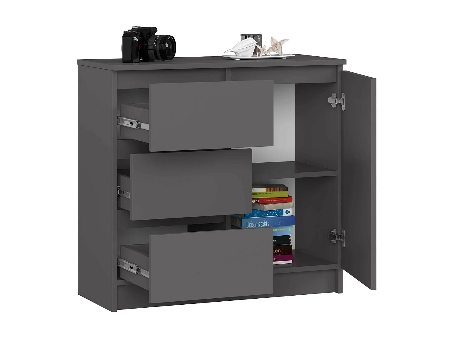 Grijze Grafiet Dressoir JERRY - 80cm Breed - 3 Lades & 1 Deur - Moderne Ontwerp voor Zelfmontage