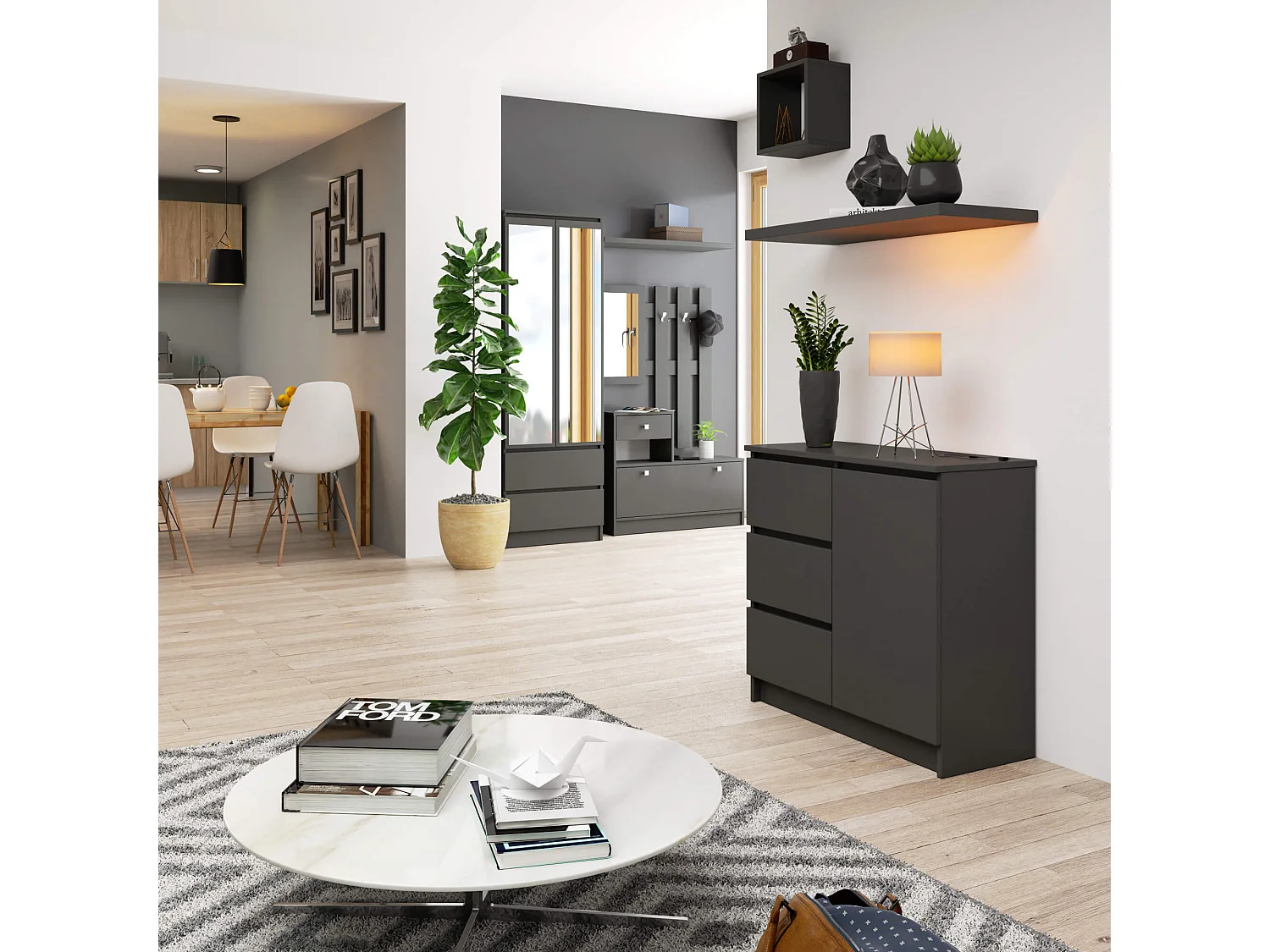 Grijze Grafiet Dressoir JERRY - 80cm Breed - 3 Lades & 1 Deur - Moderne Ontwerp voor Zelfmontage