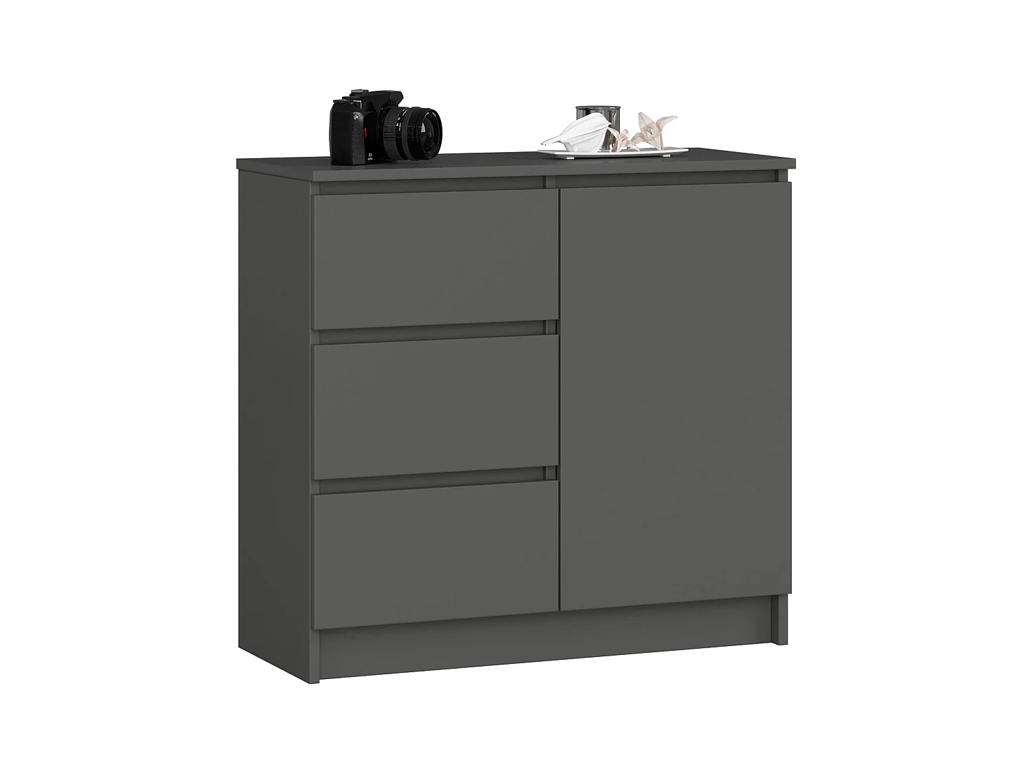 Commode AKORD JERRY Gris Graphite 80 cm 1 porte 3 tiroirs façade Gris Graphite 2 étagères 80x35x77 cm