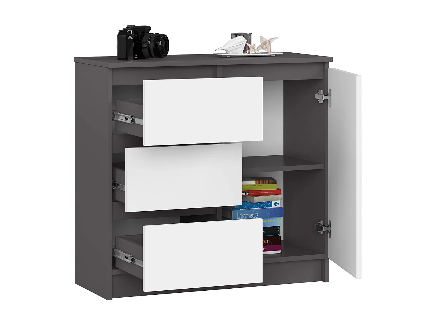 Jerry Grafiet Grijs/Wit Lade Kast- 80x77 cm- 1 Deur & 3 Lades- Mat Afwerking