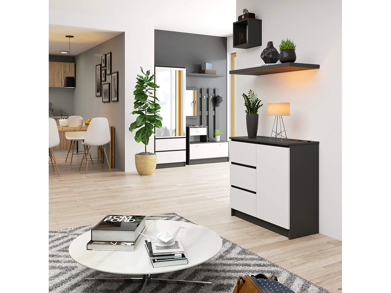 Jerry Grafiet Grijs/Wit Lade Kast- 80x77 cm- 1 Deur & 3 Lades- Mat Afwerking