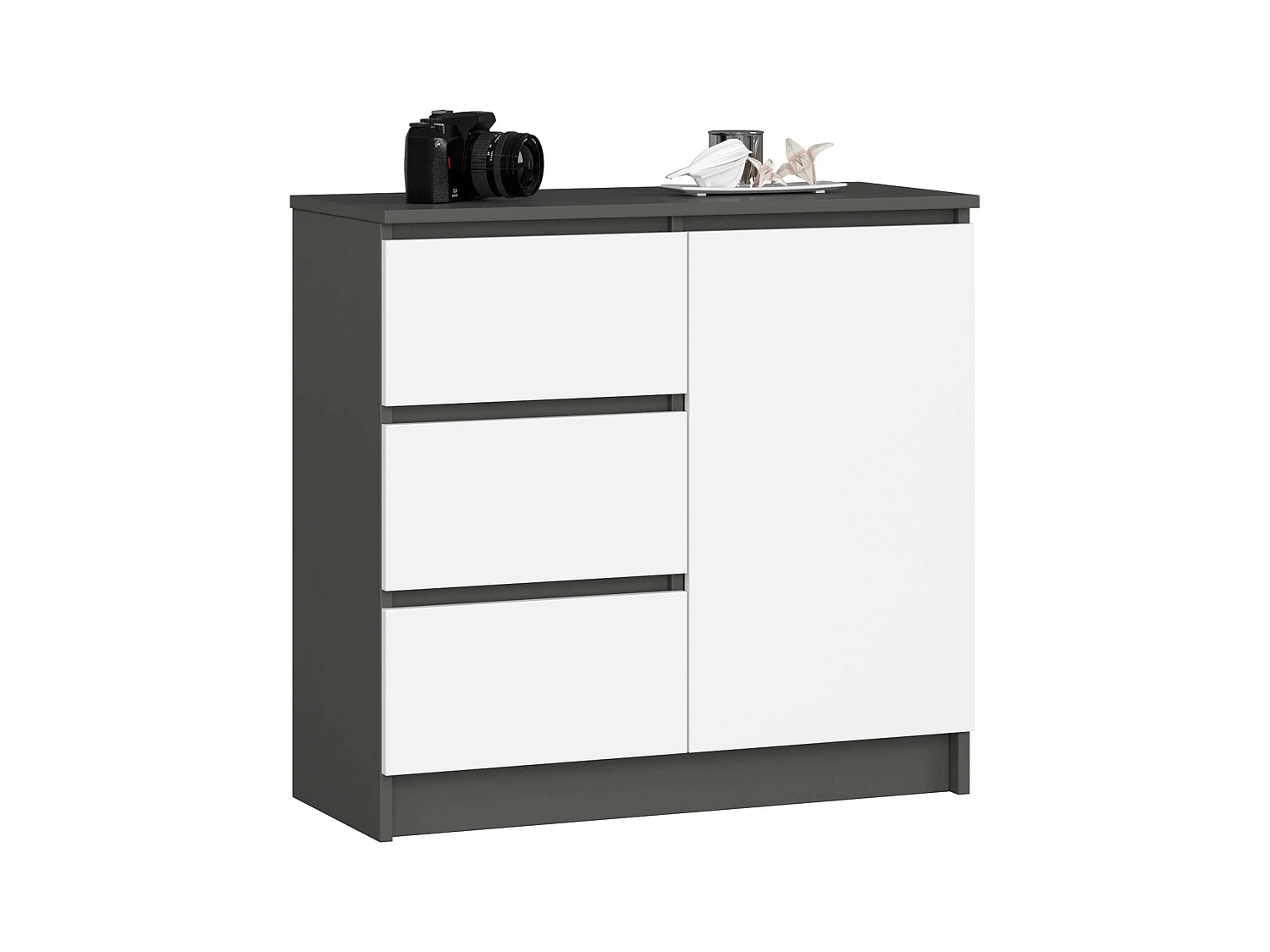 Kommode AKORD JERRY Graphitgrau 80 cm Tür 3 Schubladen 2 Ebenen Front Weiß B80 x H77 x T35 cm