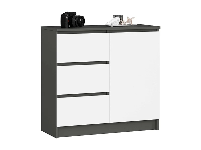 Ladekast JERRY met 3 Lades en 2 Deuren / AKORD Furniture Factory / Grafietgrijs - Wit / 80 x 77 x 35 cm