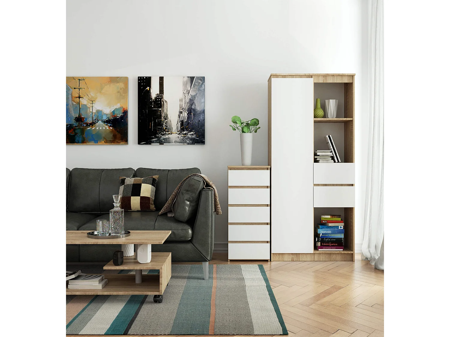 Kommode AKORD CL5 Sonoma-Eiche 40 cm 5 Schubladen Front Weiß B40 x H92 x T35 cm