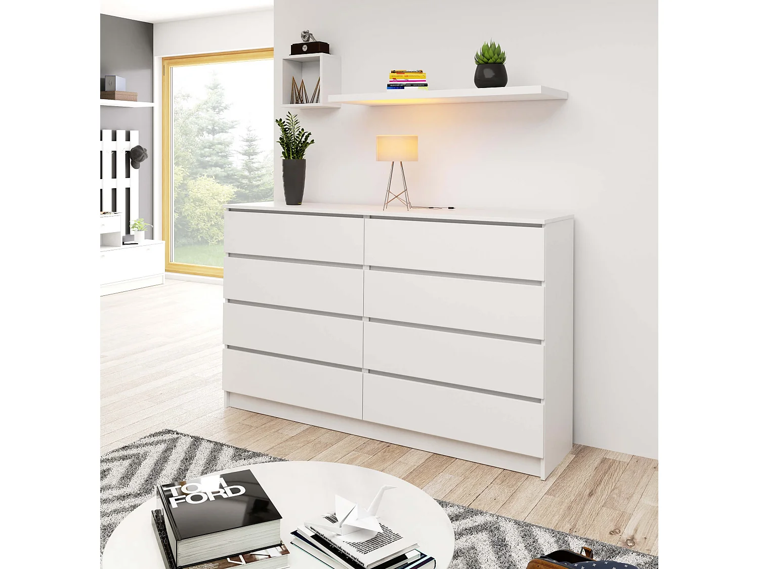 Grande Commode pour le salon AKORD K160 Blanche 160 cm 8 tiroirs façade Blanche 160x40x99 cm