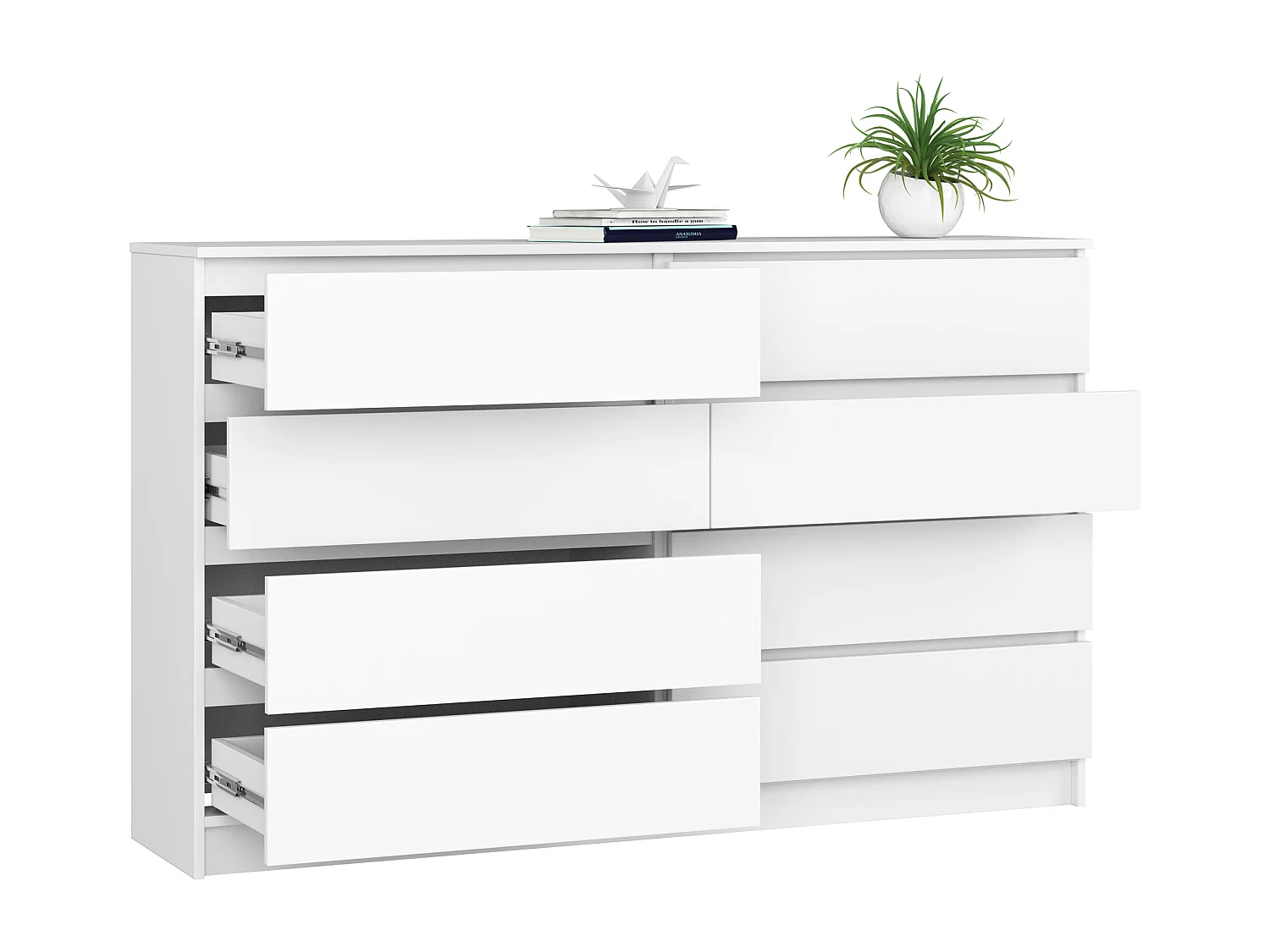 Grande Commode pour le salon AKORD K160 Blanche 160 cm 8 tiroirs façade Blanche 160x40x99 cm