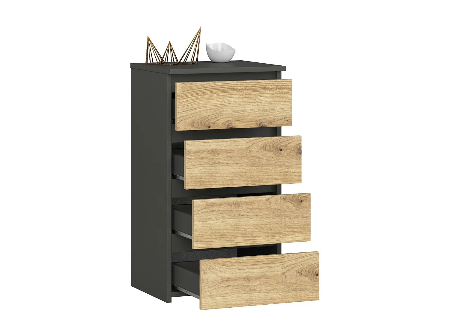 Grafietgrijze en Eik Artisan Commode met 4 Lades - Stijlvolle Opberger voor Thuis