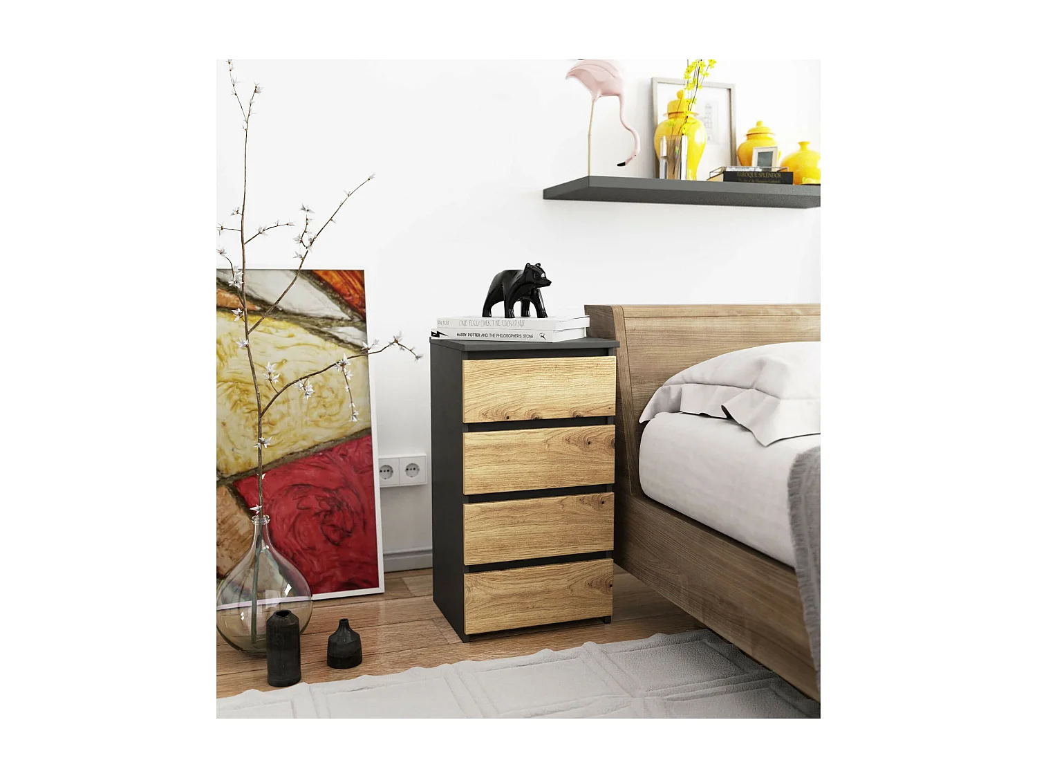 Grafietgrijze en Eik Artisan Commode met 4 Lades - Stijlvolle Opberger voor Thuis